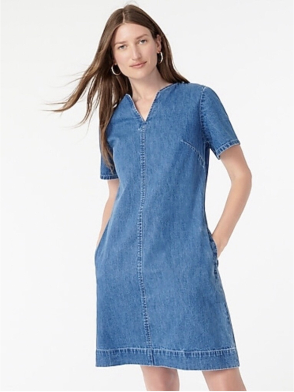 J Crew Denim V-neck shift dress Size 00 blue cotton pockets